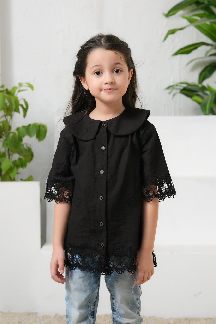 Black Drop Shoulders Embroidery Shirt