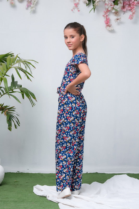 Royal Blue Floral Print Ruffle Trim Belted Jumpsuit