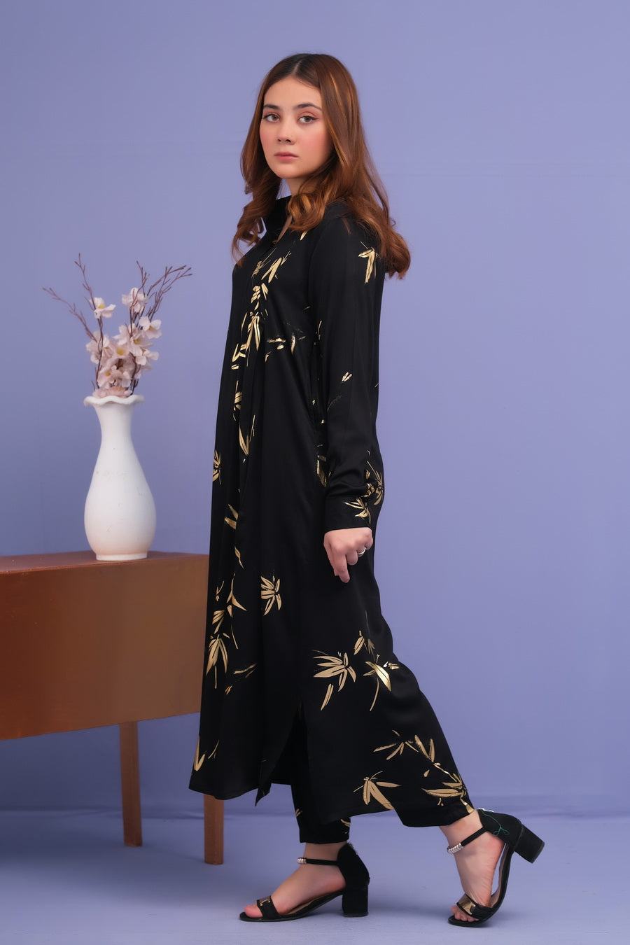 Black Leaves Print 2 Pcs Ready to Wear Set - Long Shirt with Trouser