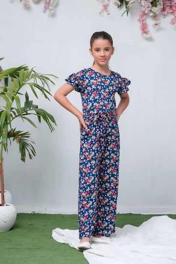 Royal Blue Floral Print Ruffle Trim Belted Jumpsuit