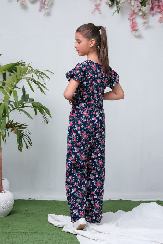 Navy Blue Camellia Floral Print Jumpsuit - Woven Fabric - dresses, jumpsuits, kids-clearance - Sprinkles Pakistan