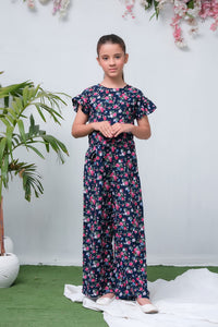 Navy Blue Camellia Floral Print Jumpsuit - Woven Fabric - dresses, jumpsuits, kids-clearance - Sprinkles Pakistan