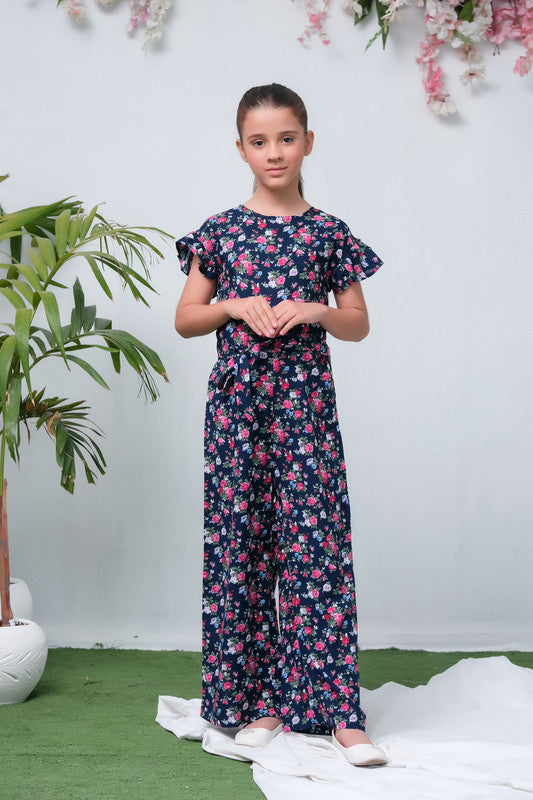 Navy Blue Camellia Floral Print Jumpsuit - Woven Fabric - dresses, jumpsuits, kids-clearance - Sprinkles Pakistan