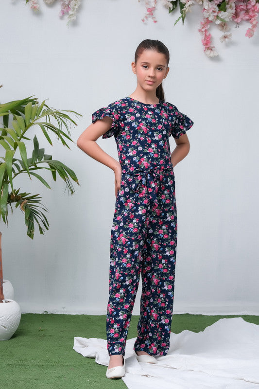 Navy Blue Camellia Floral Print Jumpsuit - Woven Fabric - dresses, jumpsuits, kids-clearance - Sprinkles Pakistan