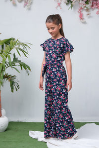 Navy Blue Camellia Floral Print Jumpsuit - Woven Fabric - dresses, jumpsuits, kids-clearance - Sprinkles Pakistan