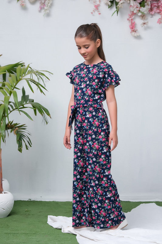 Navy Blue Camellia Floral Print Jumpsuit - Woven Fabric - dresses, jumpsuits, kids-clearance - Sprinkles Pakistan