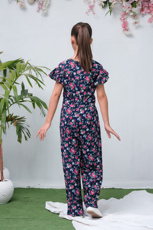 Navy Blue Camellia Floral Print Jumpsuit - Woven Fabric - dresses, jumpsuits, kids-clearance - Sprinkles Pakistan