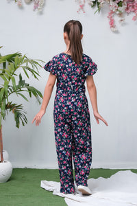 Navy Blue Camellia Floral Print Jumpsuit - Woven Fabric - dresses, jumpsuits, kids-clearance - Sprinkles Pakistan