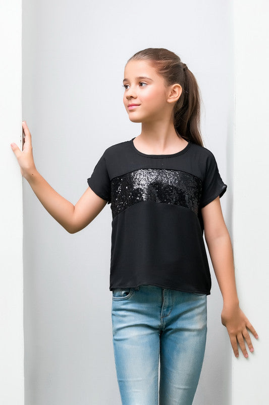 Black Girls Sequence Top - Woven Fabric - new-arrivals, shirts, kids-clearance - Sprinkles Pakistan
