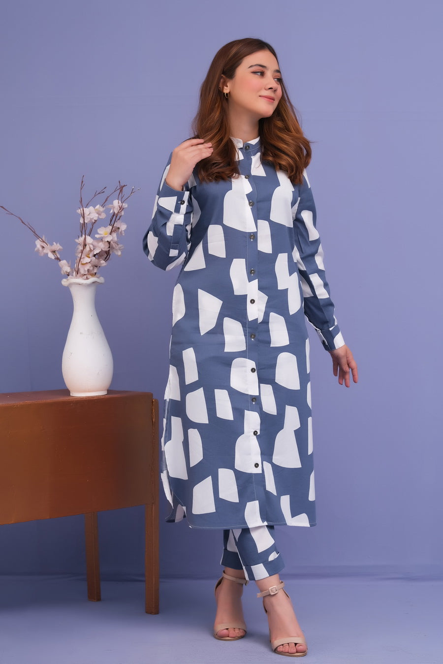 Grey & White Abstract Print 2 Pcs Ready to Wear Set - Long Shirt with Trouser