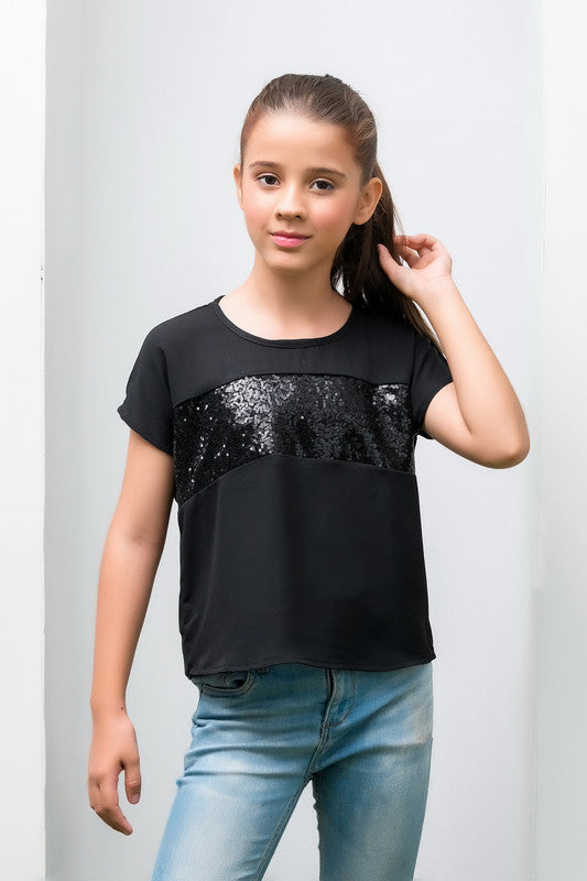 Black Girls Sequence Top - Woven Fabric - new-arrivals, shirts, kids-clearance - Sprinkles Pakistan
