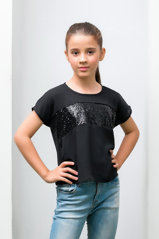 Black Girls Sequence Top - Woven Fabric - new-arrivals, shirts, kids-clearance - Sprinkles Pakistan