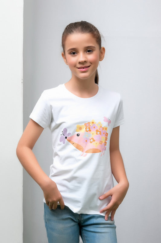 White Floral & Butterfly Animal Print Tee - Cotton - Tee_clearance,grand-sale, t-shirts, kids-clearance - Sprinkles Pakistan