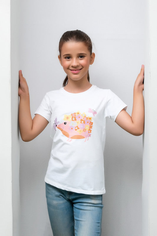 White Floral & Butterfly Animal Print Tee - Cotton - Tee_clearance,grand-sale, t-shirts, kids-clearance - Sprinkles Pakistan