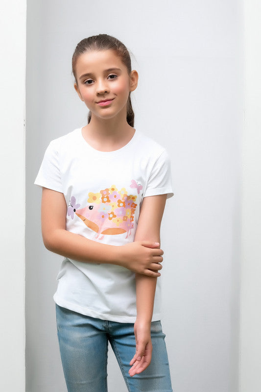 White Floral & Butterfly Animal Print Tee - Cotton - Tee_clearance,grand-sale, t-shirts, kids-clearance - Sprinkles Pakistan