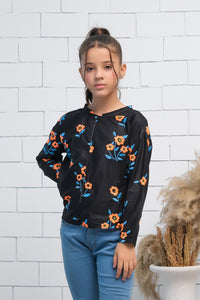 Black Flowers Print Boat Neck Long Sleeves Print Top - Fabric - shirts, topsshirts, kids-clearance - Sprinkles Pakistan