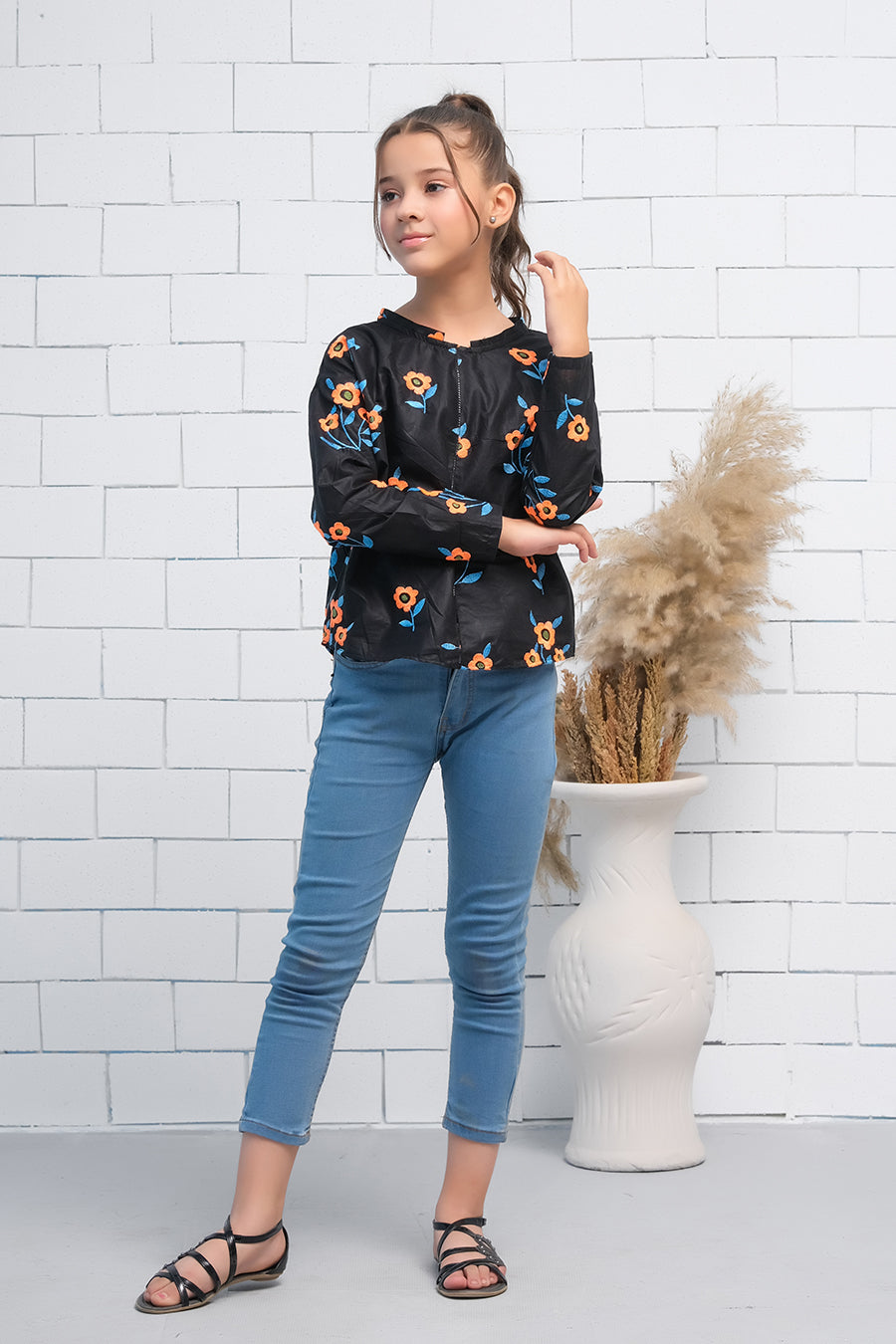 Black Flowers Print Boat Neck Long Sleeves Print Top - Fabric - shirts, topsshirts, kids-clearance - Sprinkles Pakistan