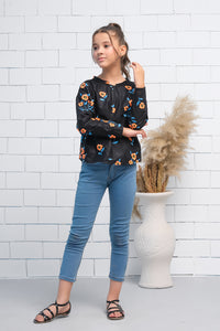 Black Flowers Print Boat Neck Long Sleeves Print Top - Fabric - shirts, topsshirts, kids-clearance - Sprinkles Pakistan