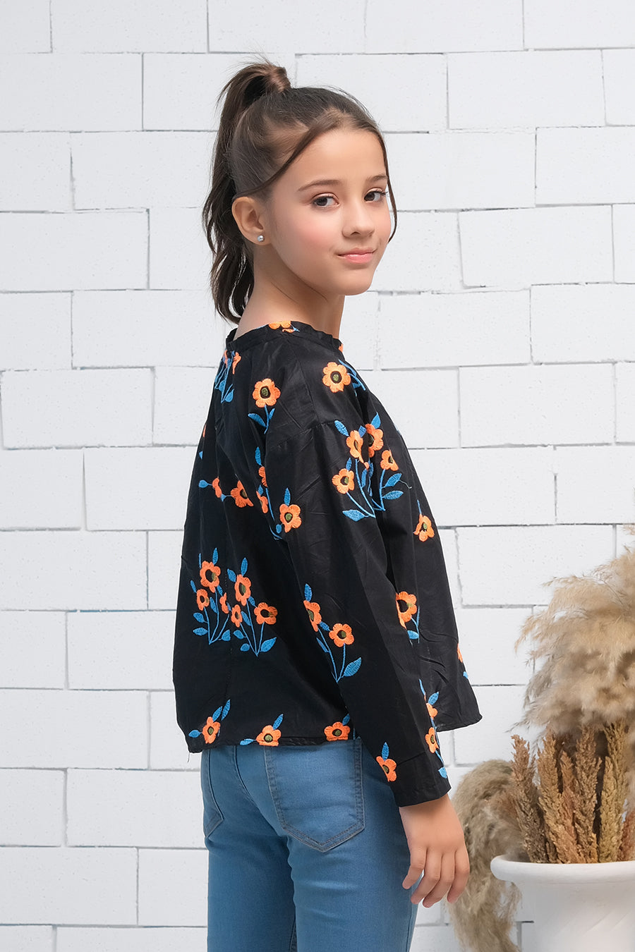 Black Flowers Print Boat Neck Long Sleeves Print Top - Fabric - shirts, topsshirts, kids-clearance - Sprinkles Pakistan