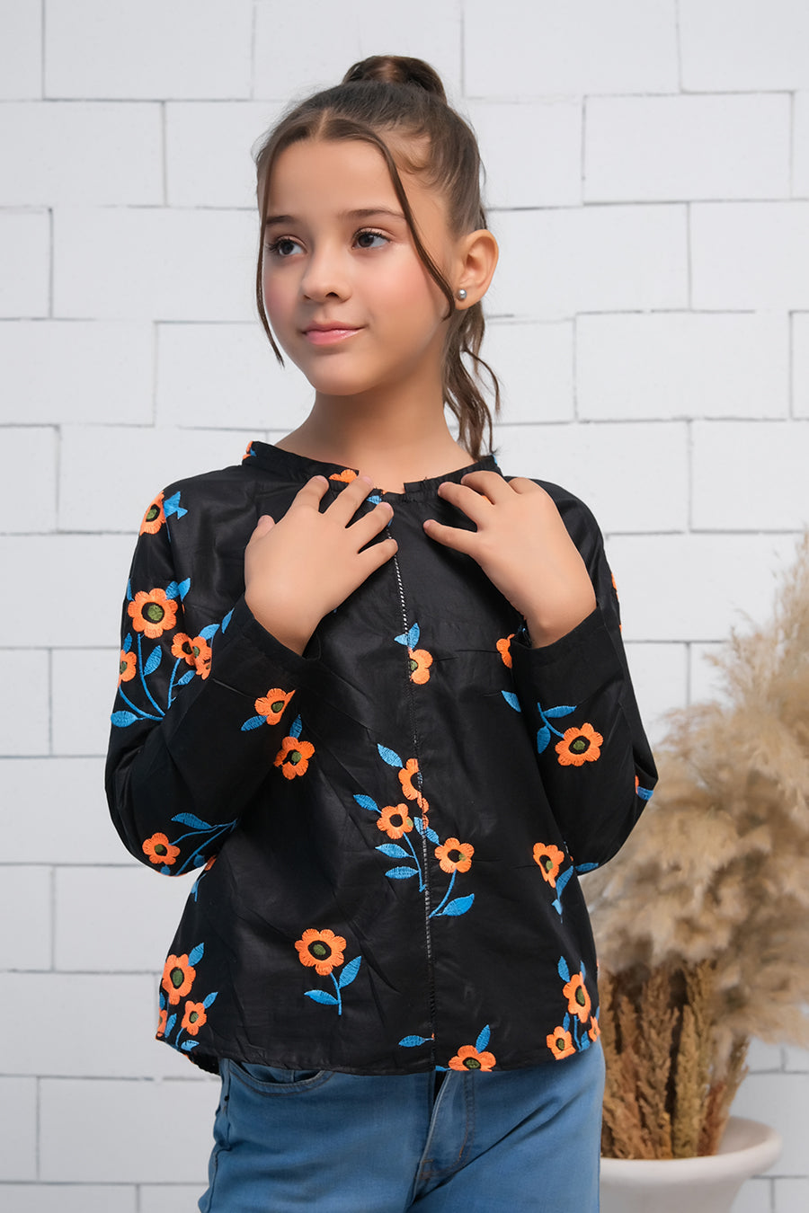 Black Flowers Print Boat Neck Long Sleeves Print Top - Fabric - shirts, topsshirts, kids-clearance - Sprinkles Pakistan