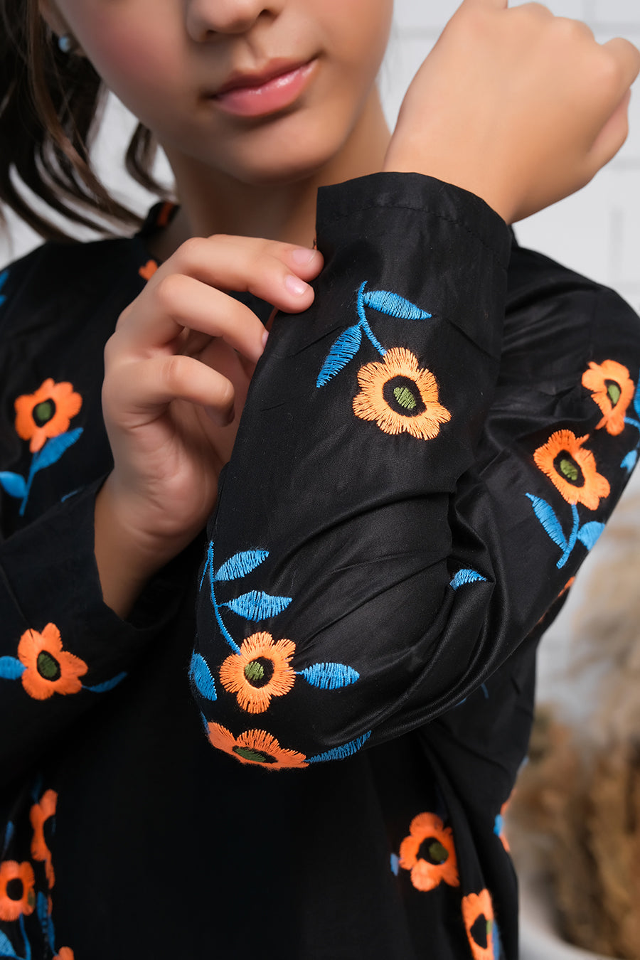 Black Flowers Print Boat Neck Long Sleeves Print Top - Fabric - shirts, topsshirts, kids-clearance - Sprinkles Pakistan