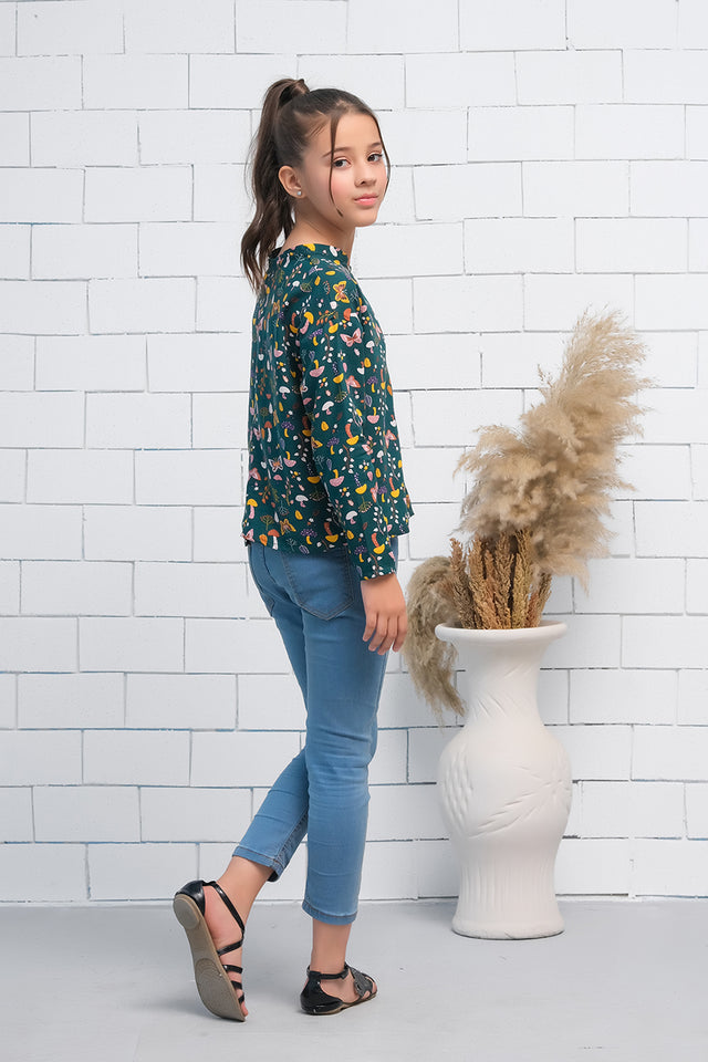 Mint Green Allover Random Flowers Boat Neck Long Sleeves Print Top