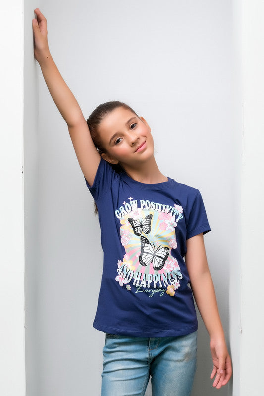 Grow Positivity Blue Tee For Girls - Cotton - Tee_clearance,grand-sale, t-shirts, kids-clearance - Sprinkles Pakistan