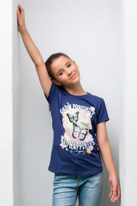Grow Positivity Blue Tee For Girls - Cotton - Tee_clearance,grand-sale, t-shirts, kids-clearance - Sprinkles Pakistan