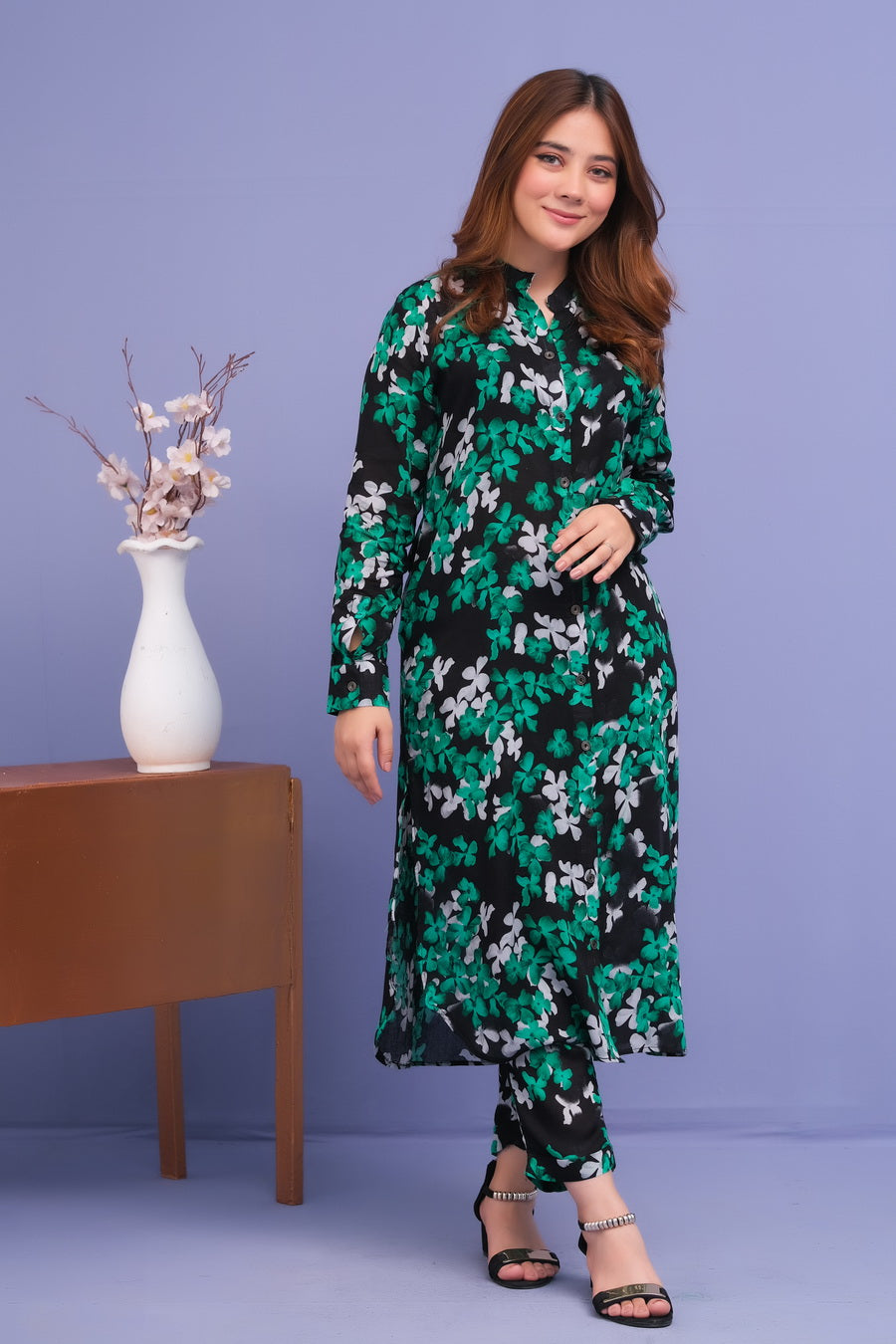 Black/Green Floral Print 2 Pcs Ready to Wear Set - Long Shirt with Trouser