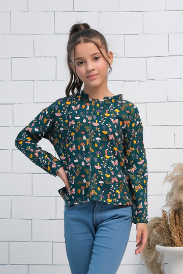 Mint Green Allover Random Flowers Boat Neck Long Sleeves Print Top