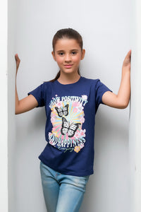 Grow Positivity Blue Tee For Girls - Cotton - Tee_clearance,grand-sale, t-shirts, kids-clearance - Sprinkles Pakistan