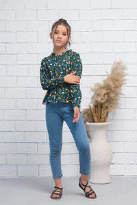 Mint Green Allover Random Flowers Boat Neck Long Sleeves Print Top - Fabric - The Last Sprinkle - Sprinkles Pakistan