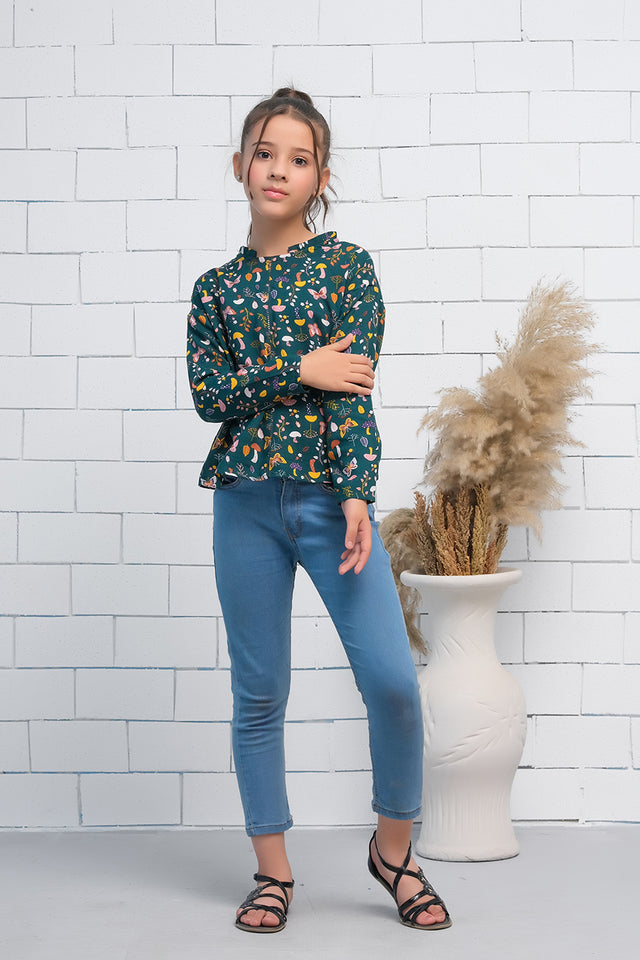 Mint Green Allover Random Flowers Boat Neck Long Sleeves Print Top