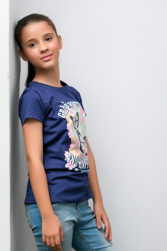 Grow Positivity Blue Tee For Girls - Cotton - Tee_clearance,grand-sale, t-shirts, kids-clearance - Sprinkles Pakistan