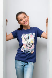 Grow Positivity Blue Tee For Girls - Cotton - Tee_clearance,grand-sale, t-shirts, kids-clearance - Sprinkles Pakistan