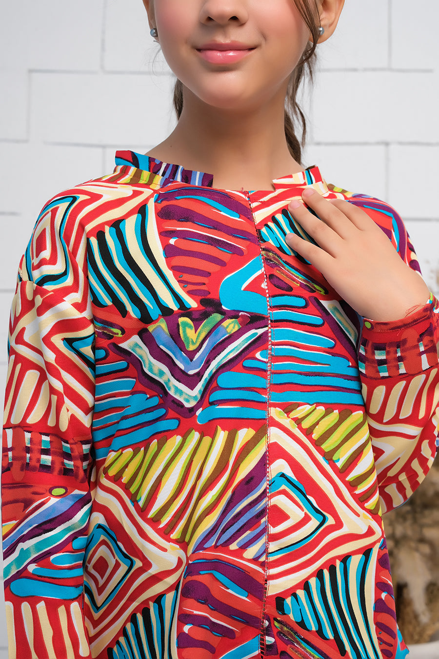 Allover Print Asymmetrical Boat Neck Long Sleeves Shirt - Fabric - shirts, topsshirts, kids-clearance - Sprinkles Pakistan