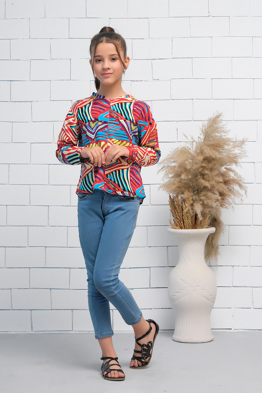 Allover Print Asymmetrical Boat Neck Long Sleeves Shirt - Fabric - shirts, topsshirts, kids-clearance - Sprinkles Pakistan