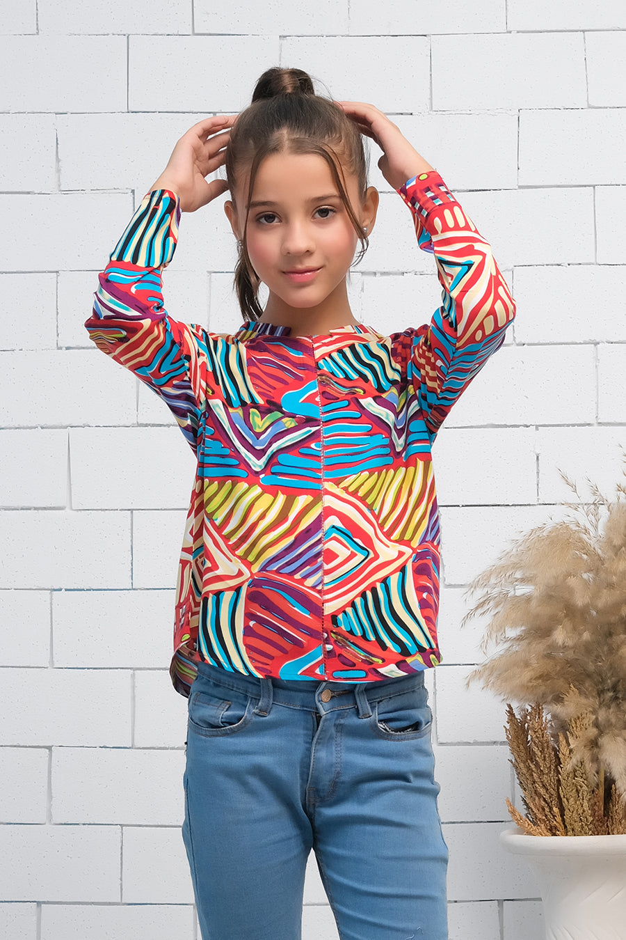 Allover Print Asymmetrical Boat Neck Long Sleeves Shirt - Fabric - shirts, topsshirts, kids-clearance - Sprinkles Pakistan