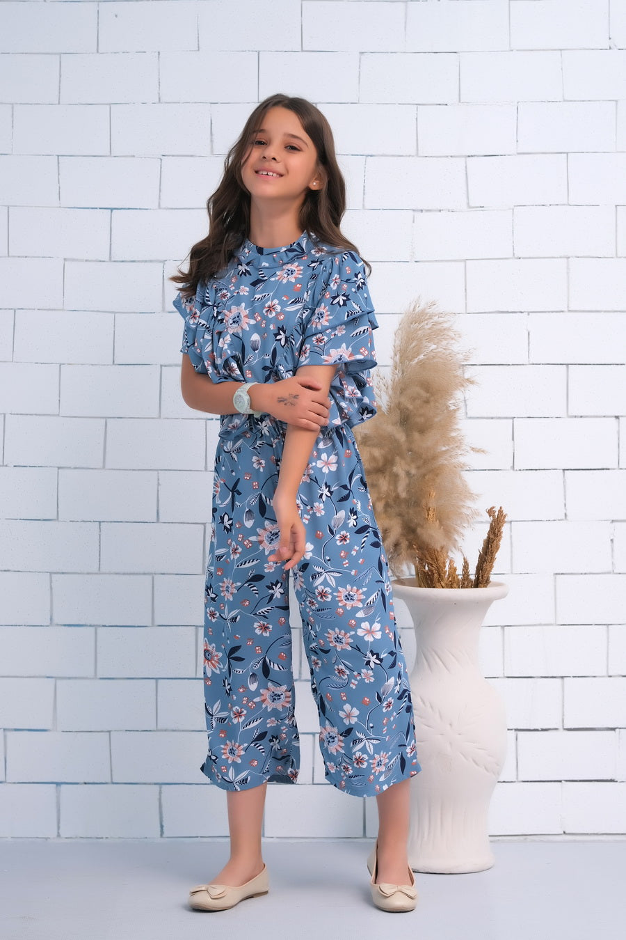 Dusty Blue Ruffle Armhole Butterfly Sleeve Shirred Jumpsuit