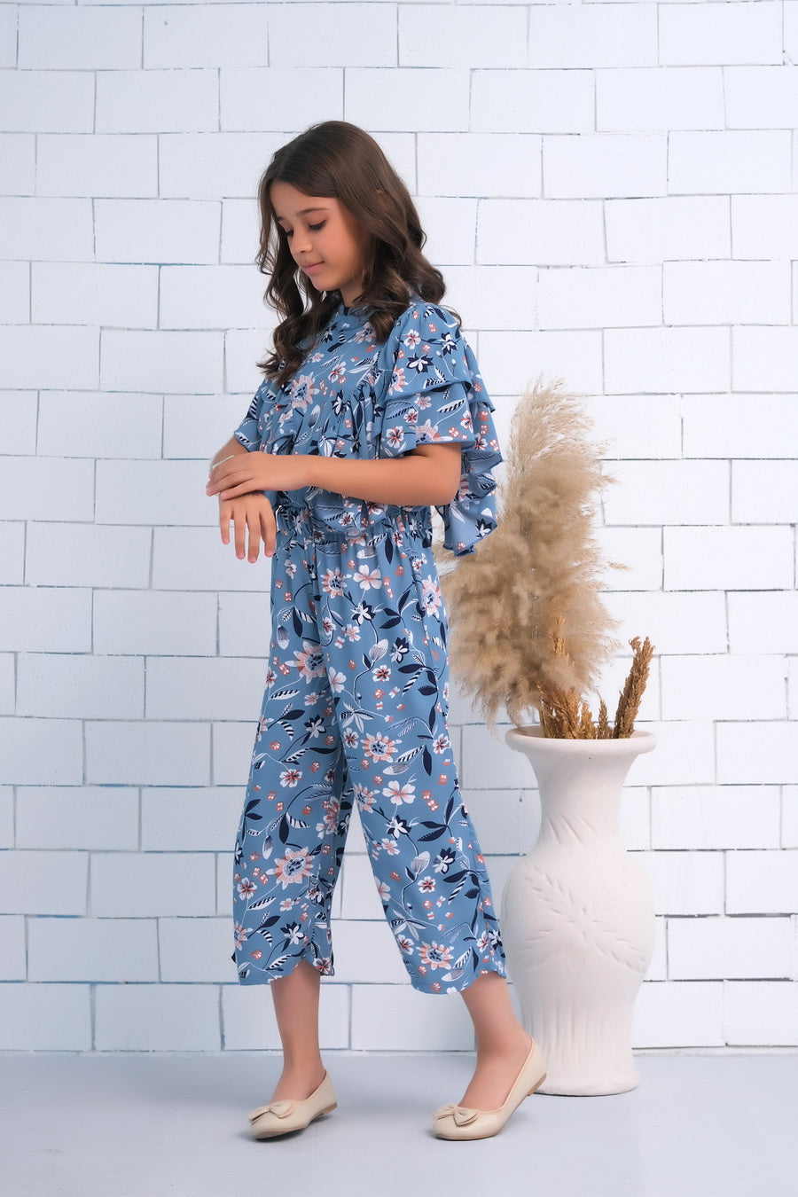 Dusty Blue Ruffle Armhole Butterfly Sleeve Shirred Jumpsuit