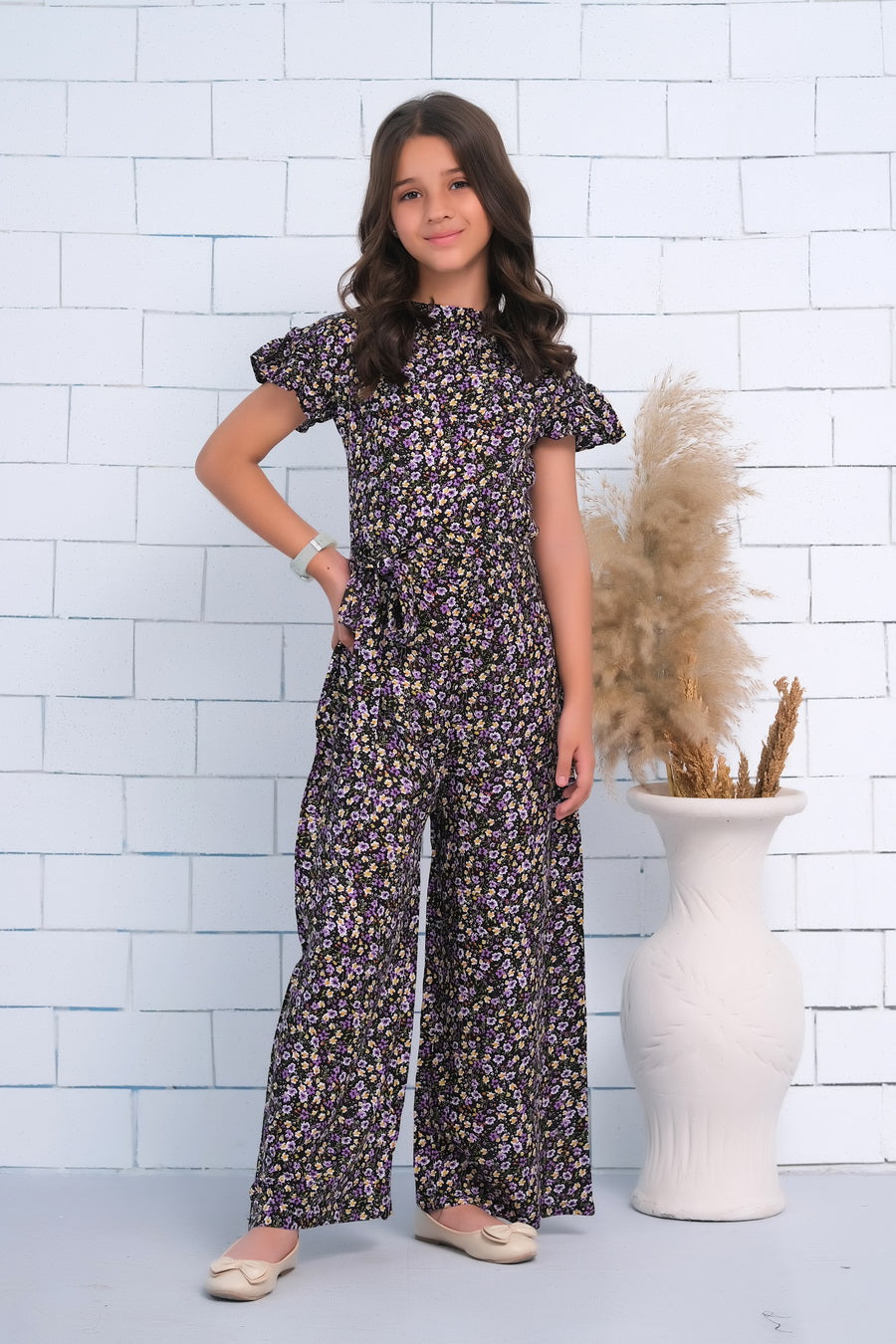 Black Allover Lavender Floral Print Butterfly Sleeve Shirred Jumpsuit