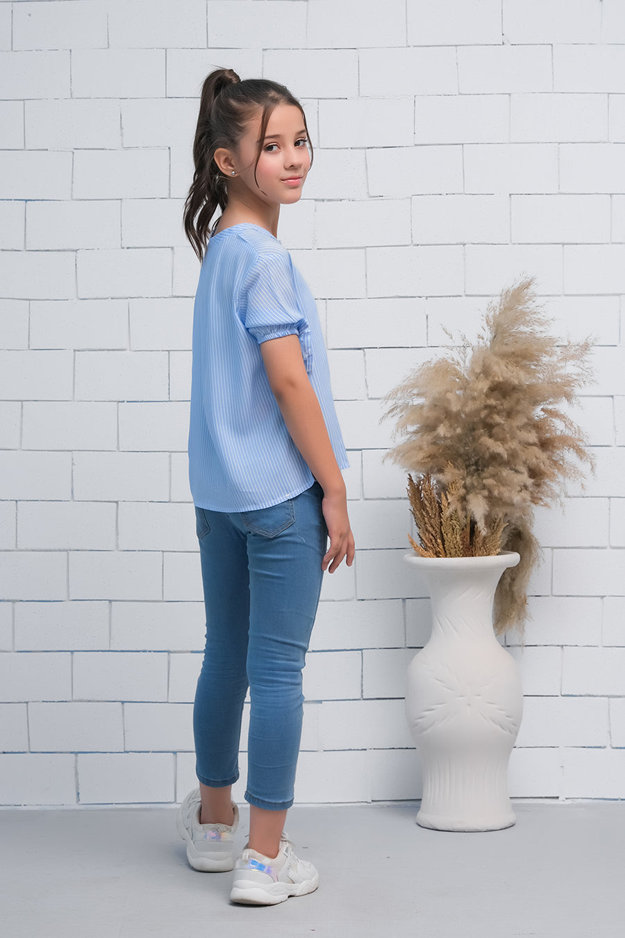 Blue Teen Girls Short Sleeves Striped Knot Cuff Top - Fabric - shirts, topsshirts, kids-clearance - Sprinkles Pakistan