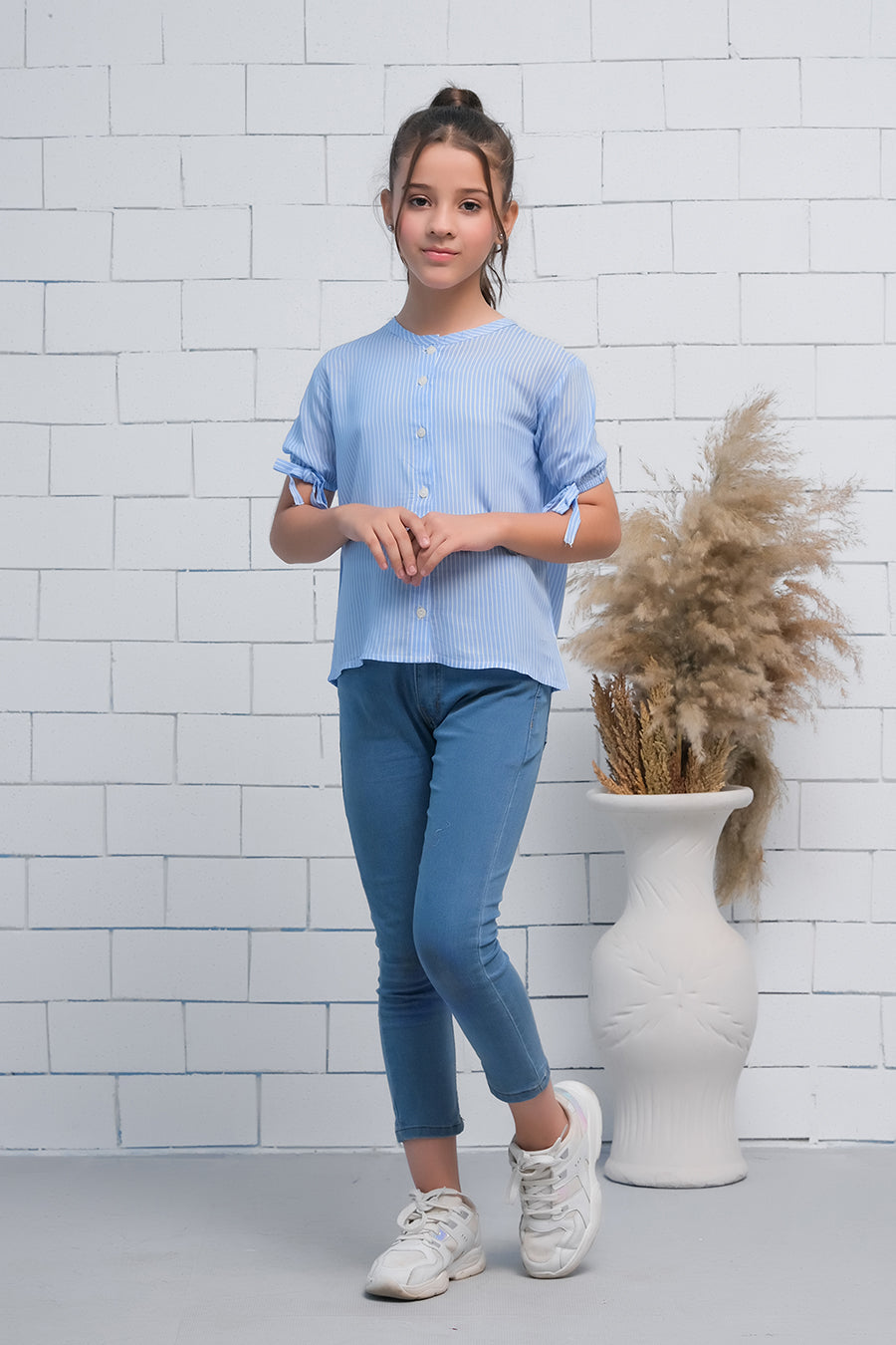 Blue Teen Girls Short Sleeves Striped Knot Cuff Top - Fabric - shirts, topsshirts, kids-clearance - Sprinkles Pakistan