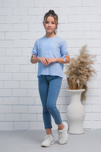 Blue Teen Girls Short Sleeves Striped Knot Cuff Top - Fabric - shirts, topsshirts, kids-clearance - Sprinkles Pakistan