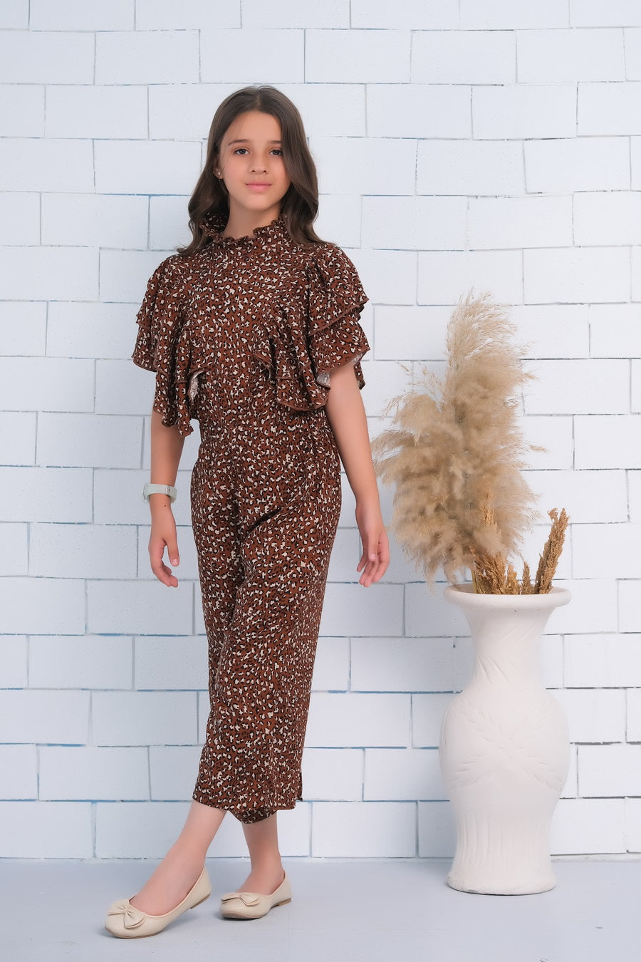 Brown Ruffle Armhole Butterfly Sleeve Shirred Jumpsuit