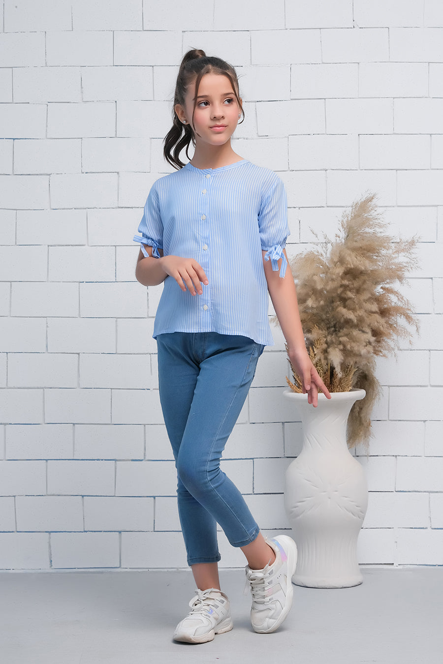 Blue Teen Girls Short Sleeves Striped Knot Cuff Top - Fabric - shirts, topsshirts, kids-clearance - Sprinkles Pakistan