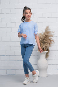 Blue Teen Girls Short Sleeves Striped Knot Cuff Top - Fabric - shirts, topsshirts, kids-clearance - Sprinkles Pakistan