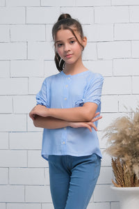 Blue Teen Girls Short Sleeves Striped Knot Cuff Top - Fabric - shirts, topsshirts, kids-clearance - Sprinkles Pakistan