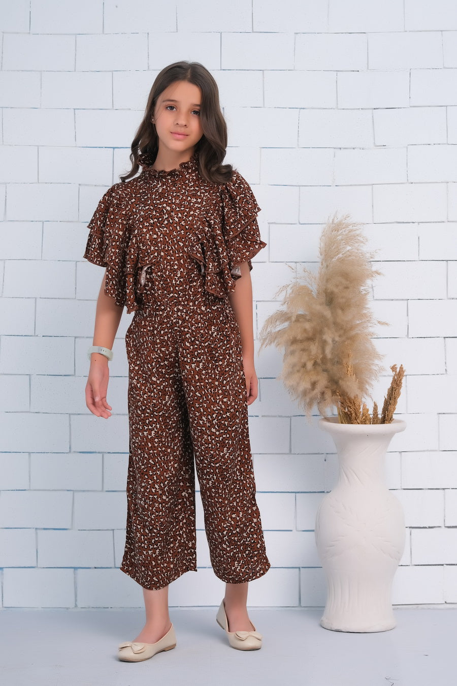 Brown Ruffle Armhole Butterfly Sleeve Shirred Jumpsuit