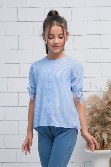 Blue Teen Girls Short Sleeves Striped Knot Cuff Top